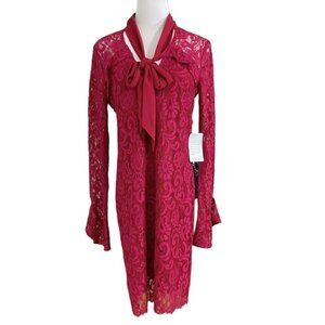 NWT ADELYN RAE RASPBERRY RED TIE NECK LACE LONG SLEEVE COCKTAIL DRESS - S